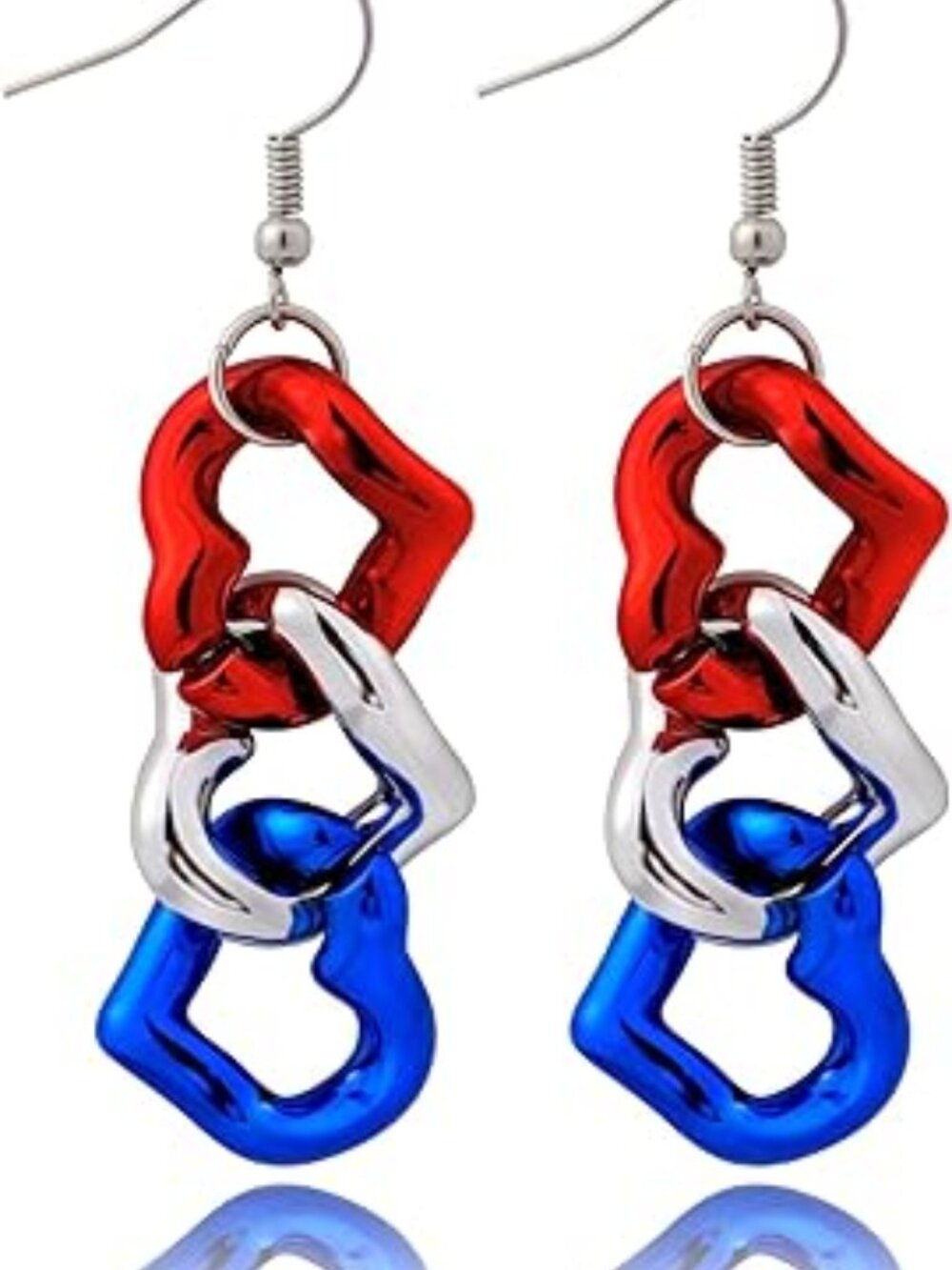Triple Heart Earrings American Flag Patriotic 4Th of July Dangle Drop Statement